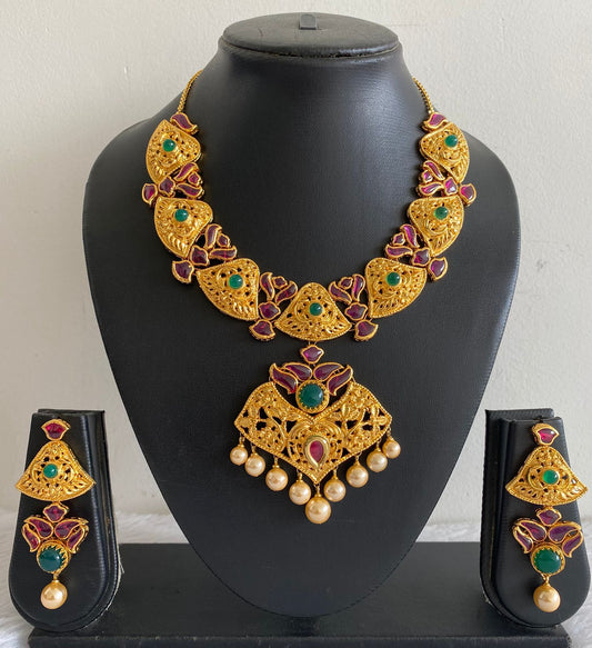 Gold replica real uncut ruby-emerald necklace set dj-07915