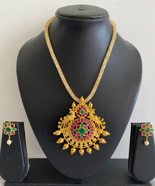 Gold tone Ruby-emerald Peacock Flower Pendant Necklace Set-dj11022