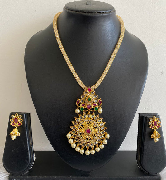 Gold tone Cz Ruby-emerald Flower Necklace Set-dj11020