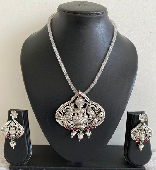 Silver Tone Pink-green Lakshmi Necklace Set-dj09918