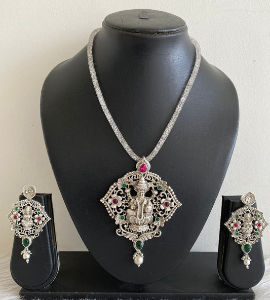 Silver Tone Pink-green Lakshmi Necklace Set-dj09914