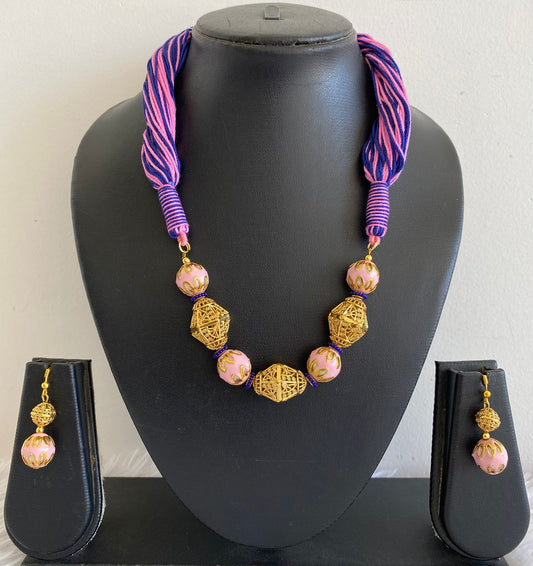 Antique gold tone Baby pink-Blue Necklace Set-dj07592