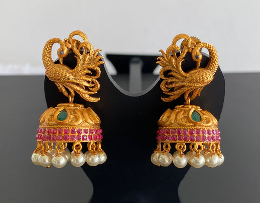 Matte Finish Ruby-emerald Swan Jhumkka-dj11655