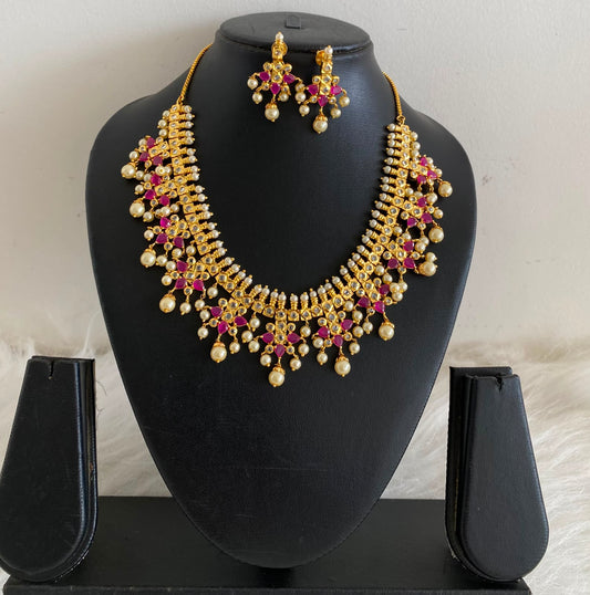 Gold tone pearl ruby gutta pusalu necklace set-dj05054