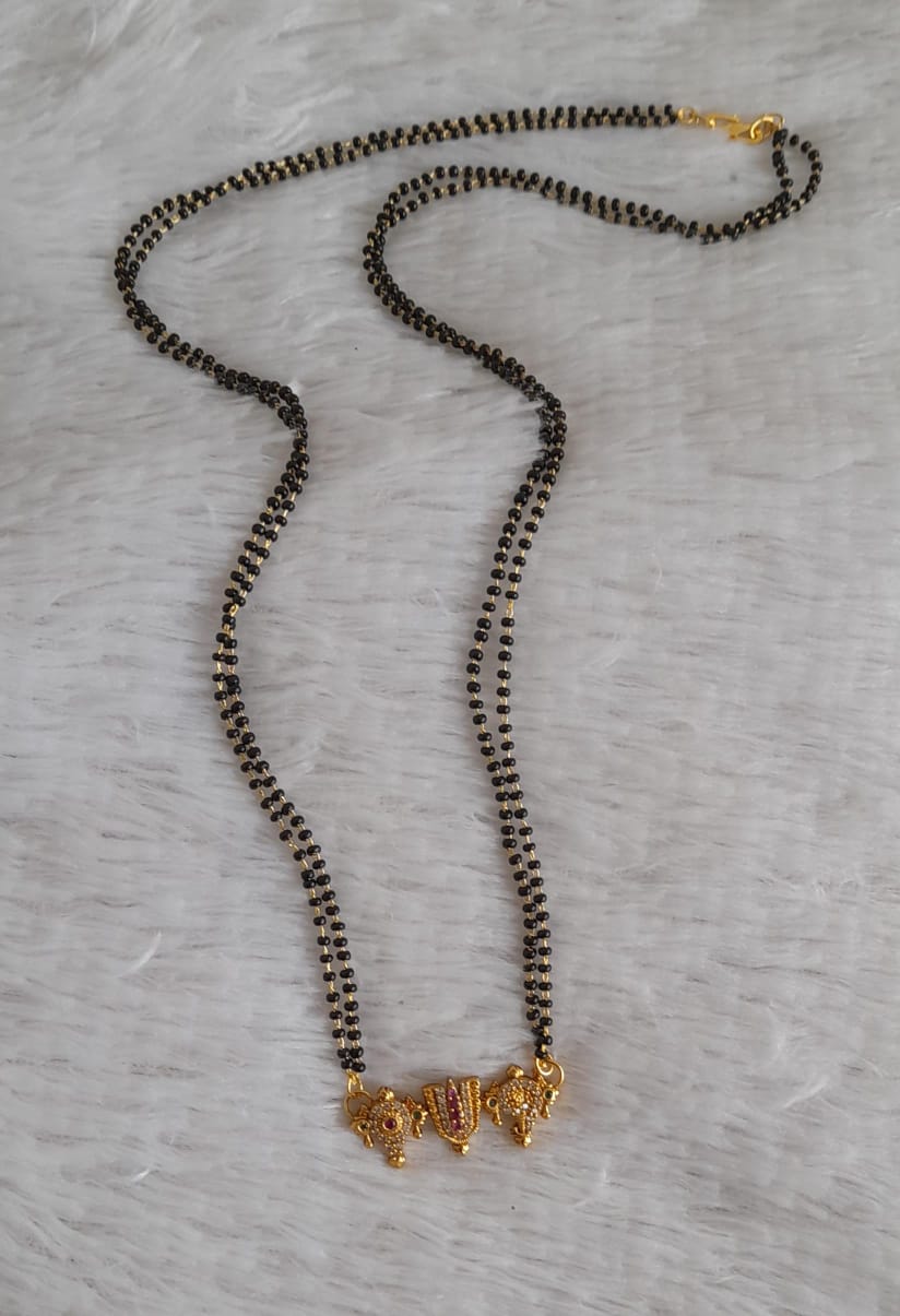 Gold tone 24 inches karimani chain with cz ruby-green shanku-chakra-nama  mangalsutra dj-49116