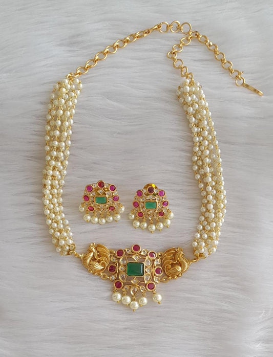 Matte finish ruby-green swan pearl choker set dj-31029