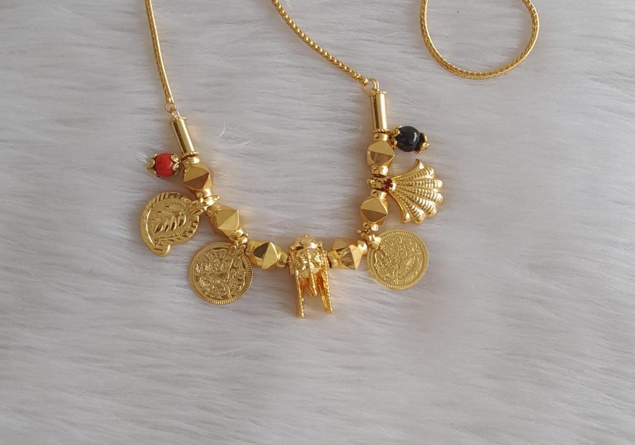 Gold tone coral-black bead mango lakshmi coin thiru mangalyam with 24 inches chain dj-43377