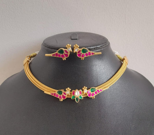 Gold tone pink-green kundan jadau lotus bird choker/necklace set dj-35015