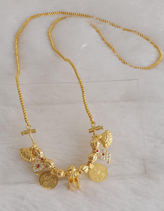 Gold tone 30 inches rope chain with pink-white stone mango lakshmi coin thiru mangalyam dj-46874