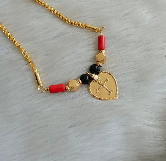 Gold tone black coral beaded heart shape cross mangalyam dj-42419
