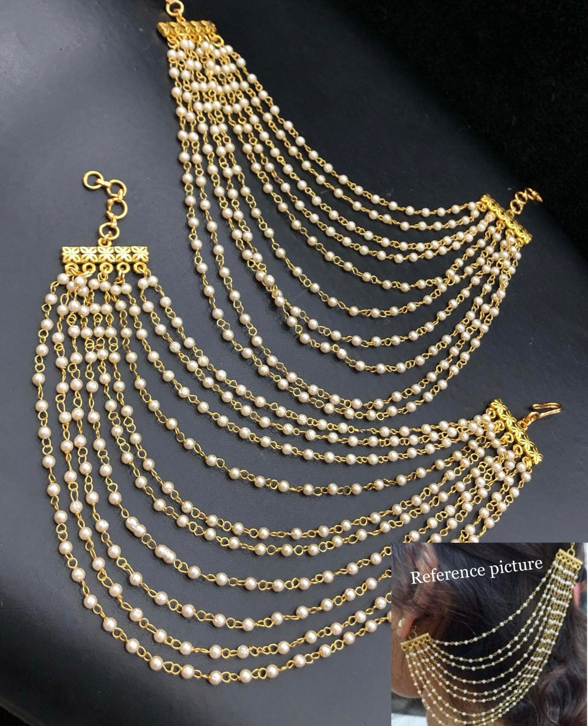 Antique gold tone multi layer pearl ear side chain dj-42962