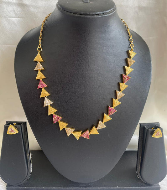 Gold tone cz ruby-white triangle necklace set dj-43104