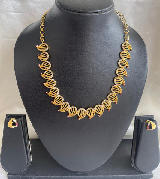 Gold tone cz white-ruby mango necklace set dj-43074