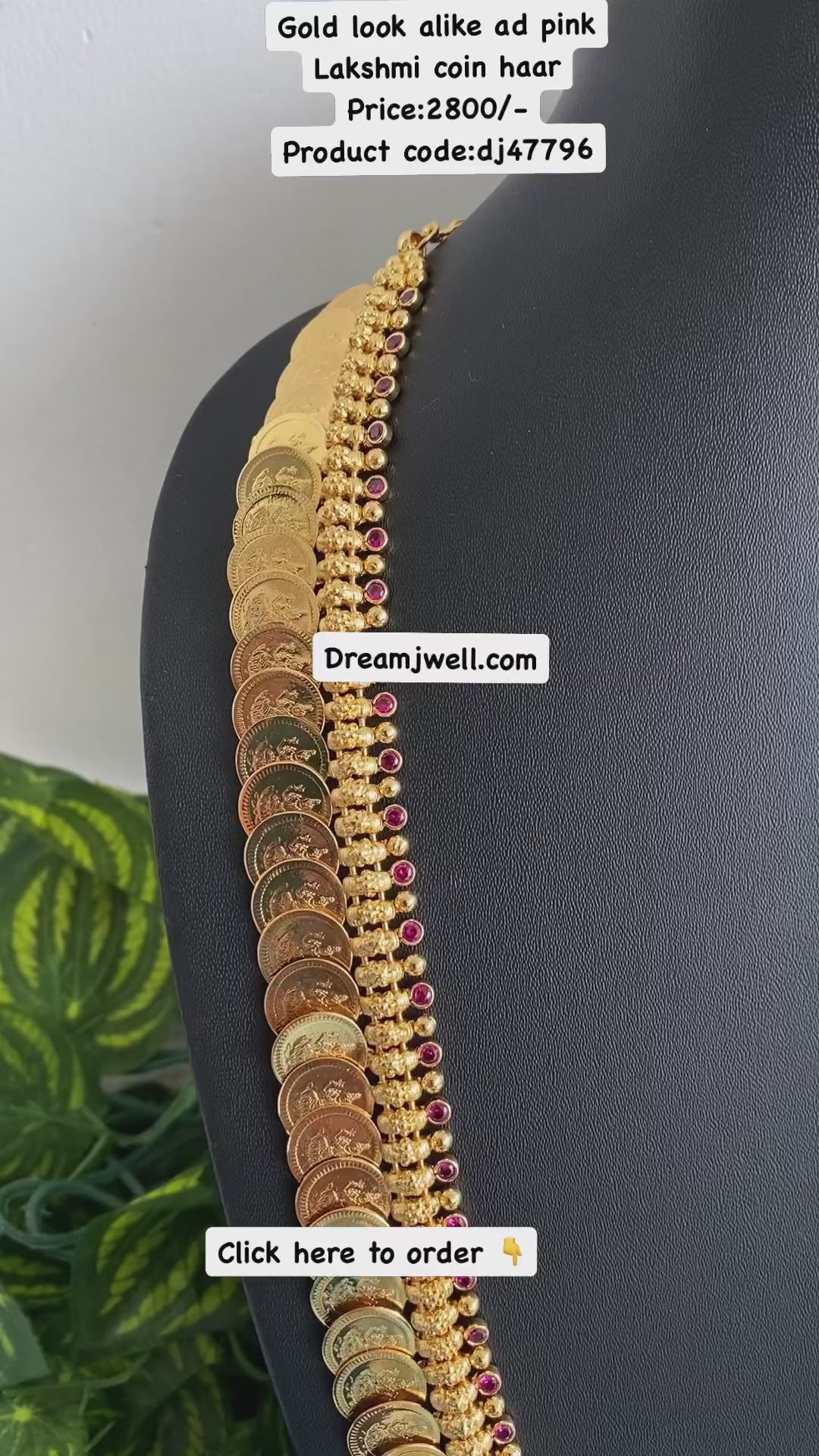 Gold look alike ad pink stone lakshmi coin haar dj-47796 – dreamjwell