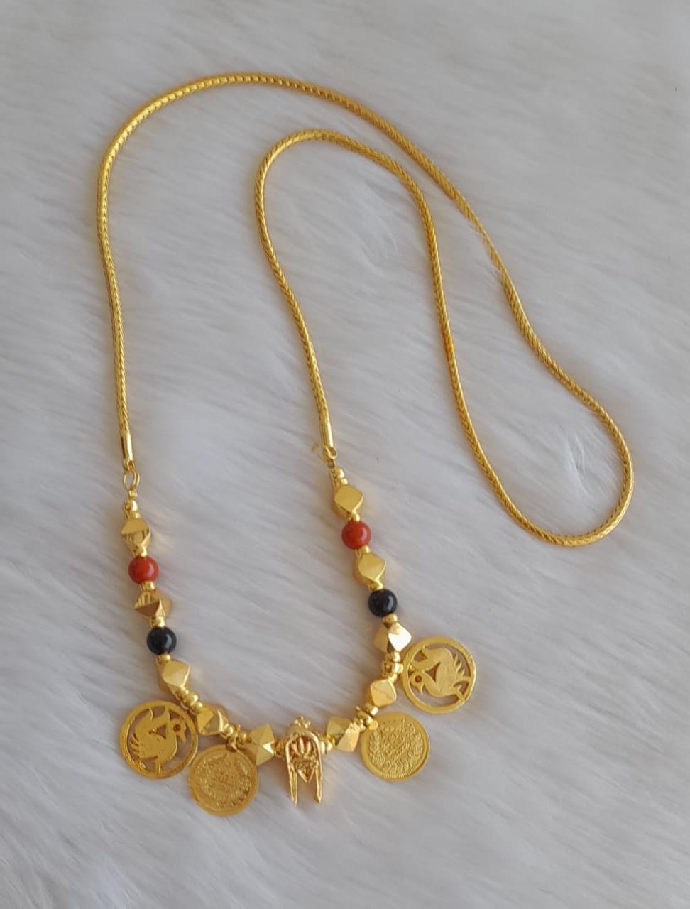 Gold tone coral black beads annam lakshmi coin thiru mangalyam dj-40477