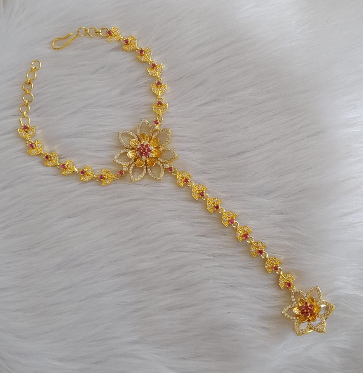 Gold tone cz ruby flower hathpool dj-14329