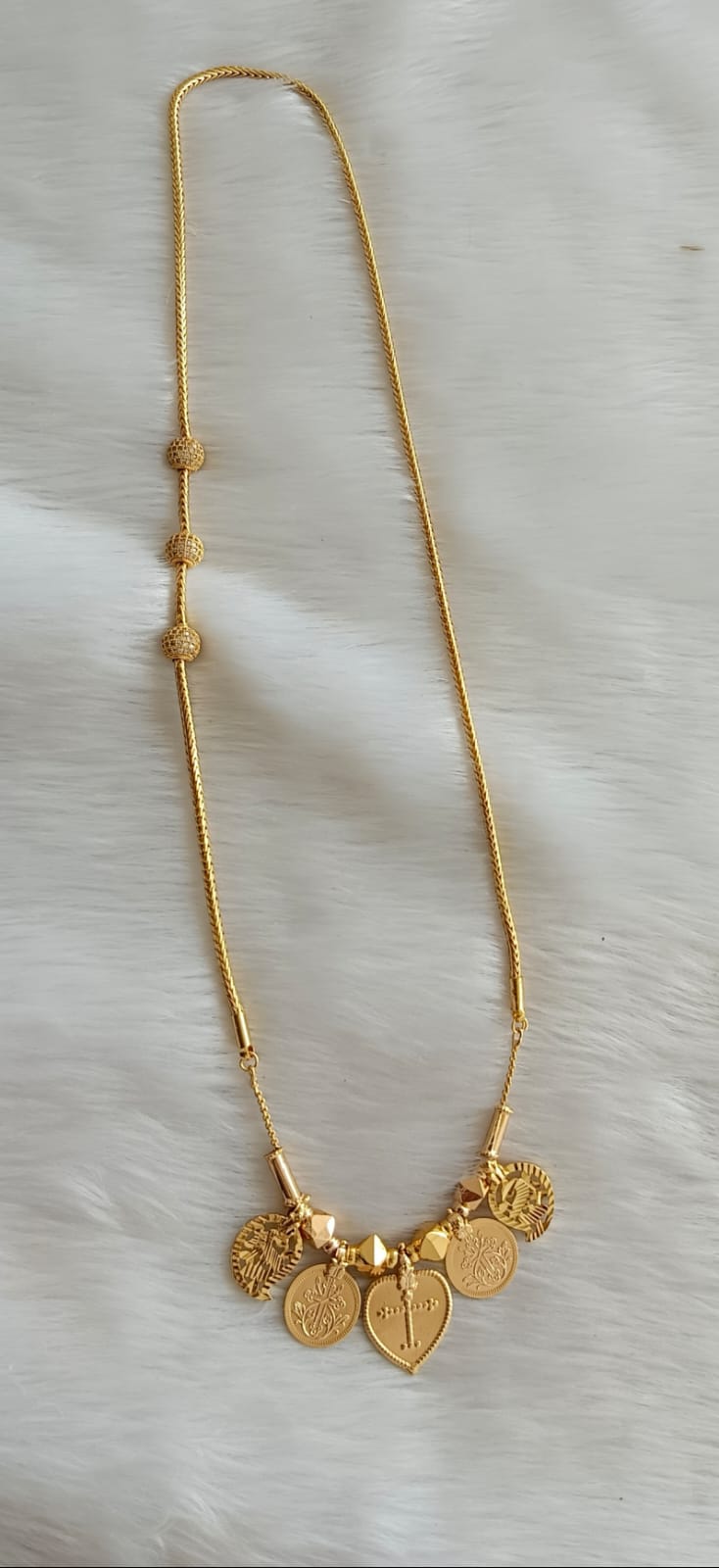 Gold tone white stone ball mugappu chain with mango-Cross coin mangalyam dj-41480