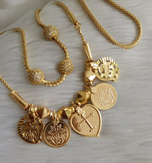 Gold tone white stone ball mugappu chain with mango-Cross coin mangalyam dj-41480