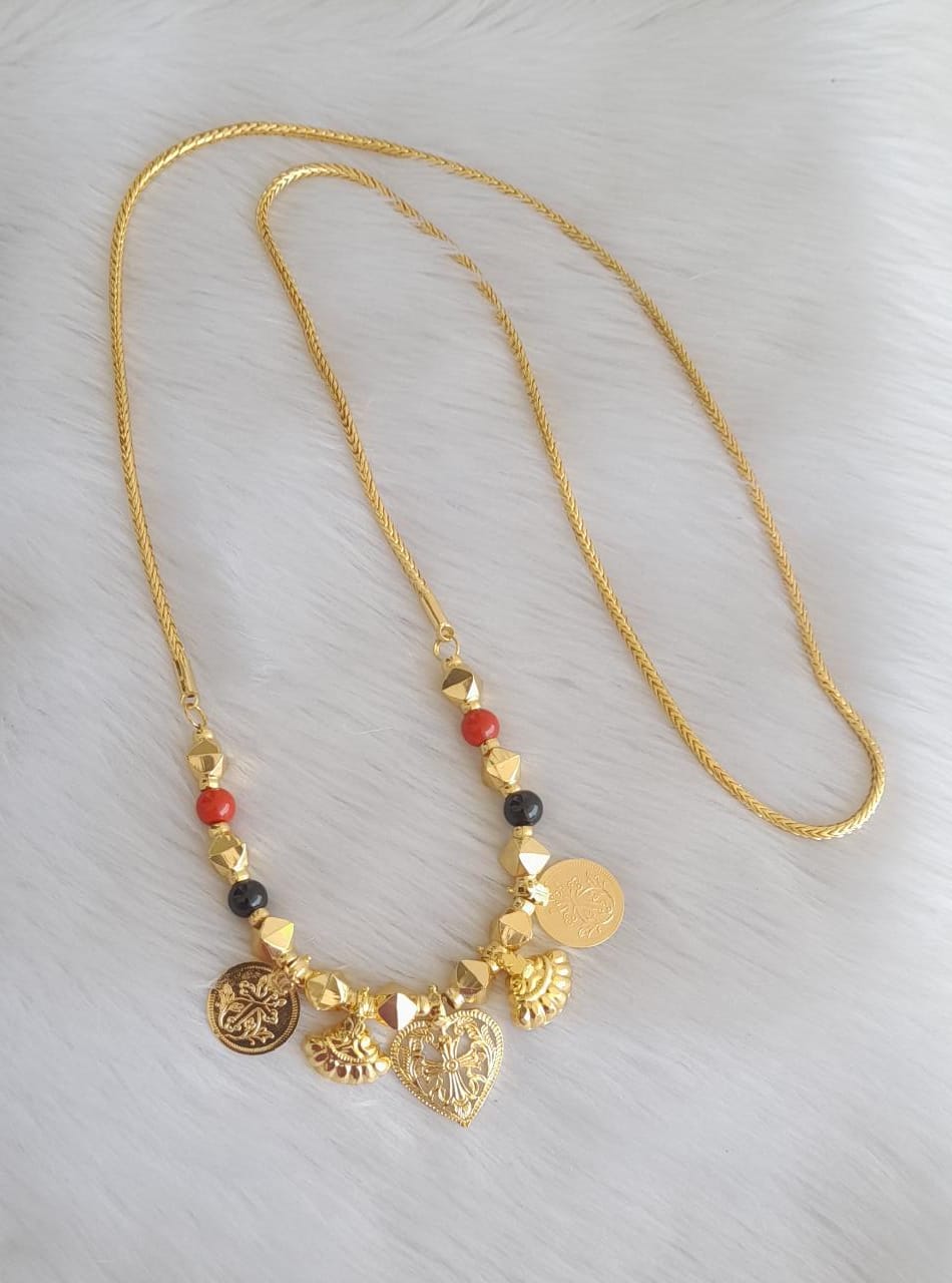 Gold tone black-coral beaded cross coin cross mangalyam with 30 inches chain dj-40807