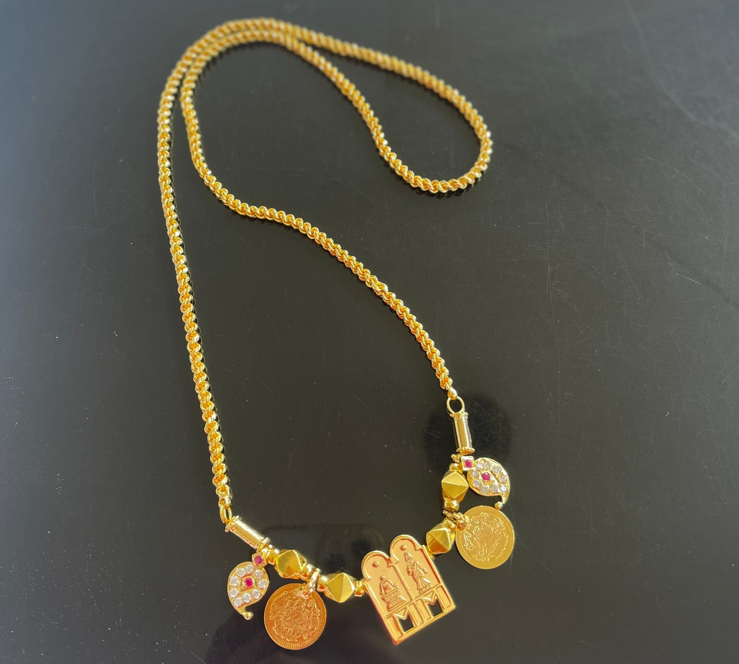 Gold tone white-ruby mango Lakshmi coin Sokkar-Meenakshi mangalyam dj-40166