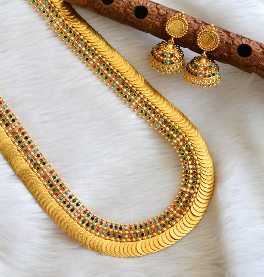 Gold tone Navarathna long lakshmi coin haar set dj-16448
