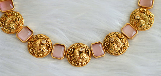 Antique Baby pink block stone peacock necklace set dj-34973