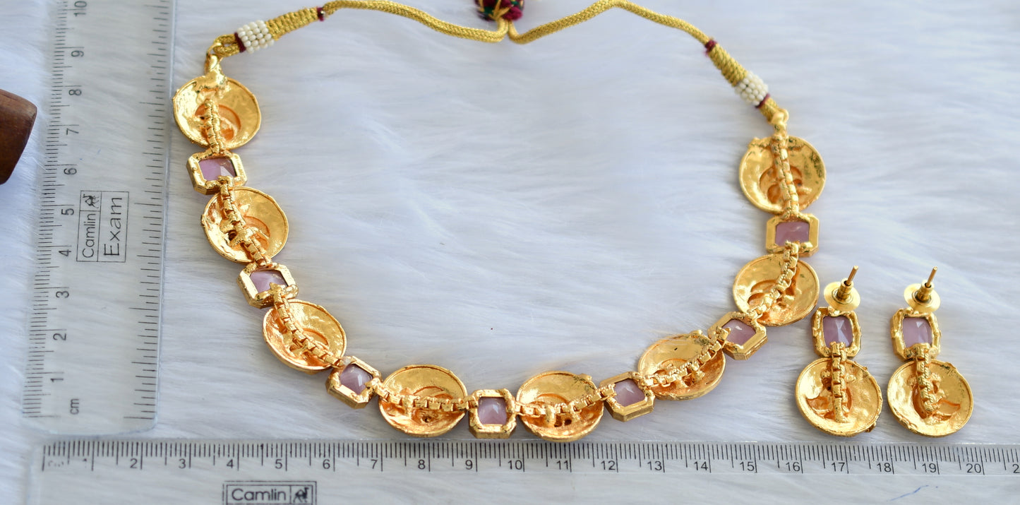 Antique Baby pink block stone peacock necklace set dj-34973
