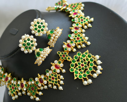 Gold tone semiprecious Kemp-green pearl necklace set dj-39350