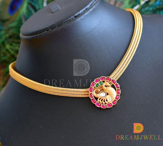 Gold tone pink-green-white kundan jadau swan pendant necklace dj-36267