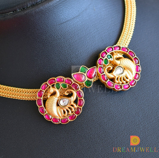 Gold tone kundan jadau pink-green-white swan necklace dj-36273
