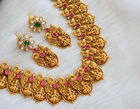 Matte finish pink-green-white kundan jadau Lakshmi-peacock short haar set dj-40983