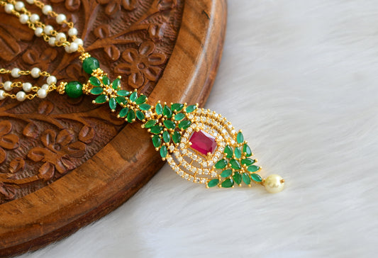 Gold tone cz ruby-emerald-white pearl chain haar dj-39359