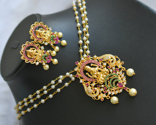 Gold tone ruby-emerald-white pearl Lakshmi haar set dj-39360