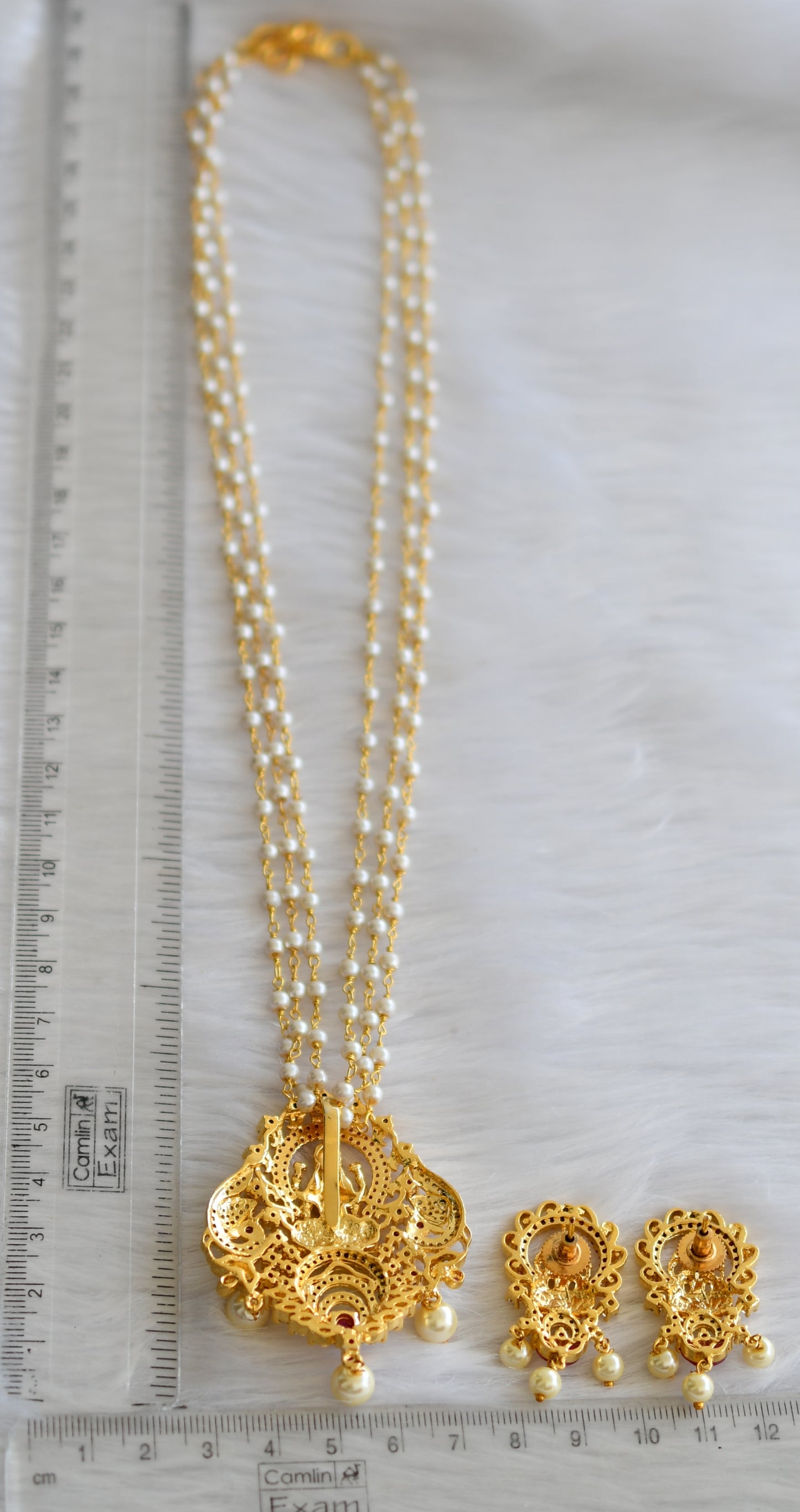 Gold tone ruby-emerald-white pearl Lakshmi haar set dj-39360