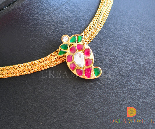 Gold tone kundan jadau pink-green-white mango pendant necklace dj-36280