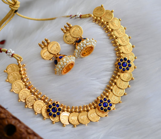 Gold tone blue Lotus coin necklace set dj-39351