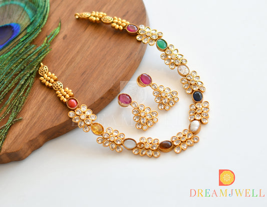 Matte Finish Cz Navarathna Designer Necklace Set dj-33404