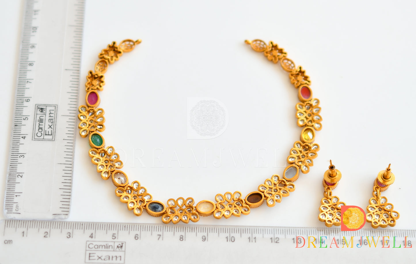 Matte Finish Cz Navarathna Designer Necklace Set dj-33404
