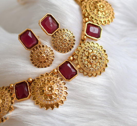 Antique gold tone block ruby stone necklace set dj-38641