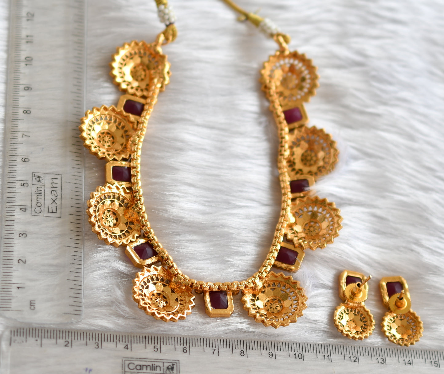 Antique gold tone block ruby stone necklace set dj-38641