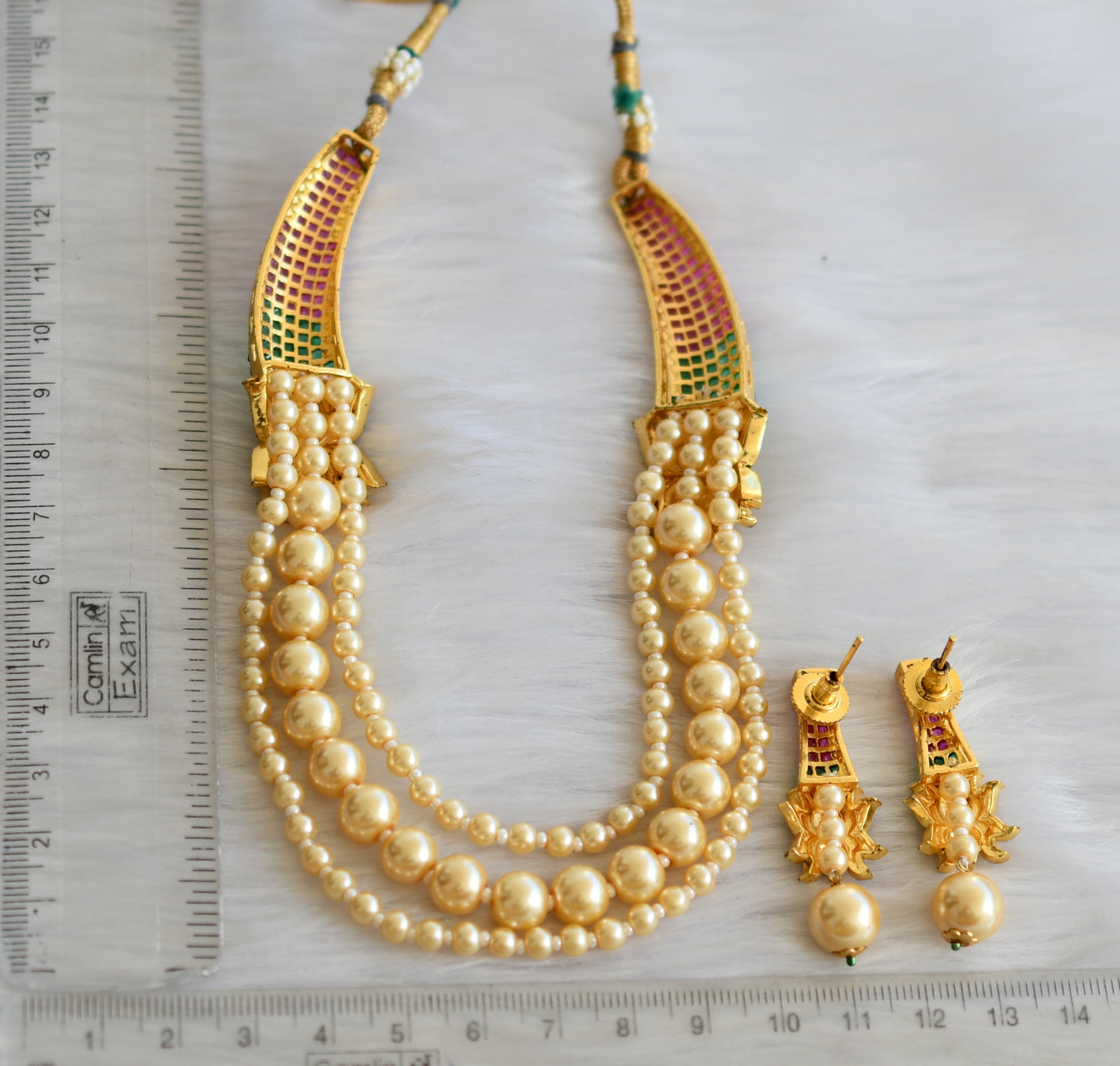 Antique Gold tone Semiprecious Ruby-emerald-pearl bridal lotus necklace set dj-02545