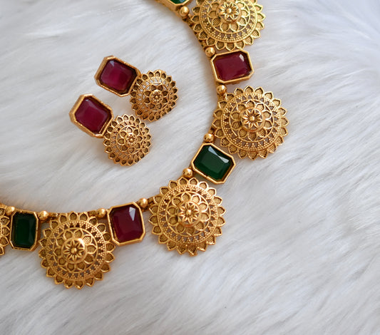 Antique gold tone block ruby-green stone necklace set dj-38647