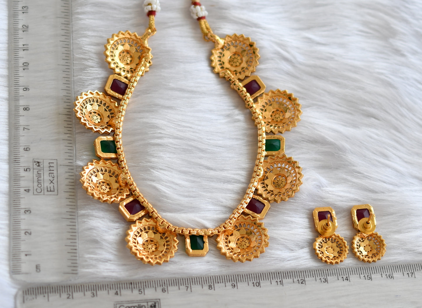 Antique gold tone block ruby-green stone necklace set dj-38647
