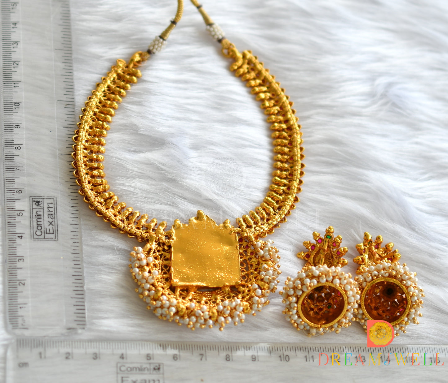 Antique kemp-green Lakshmi pearl cluster necklace set dj-07516