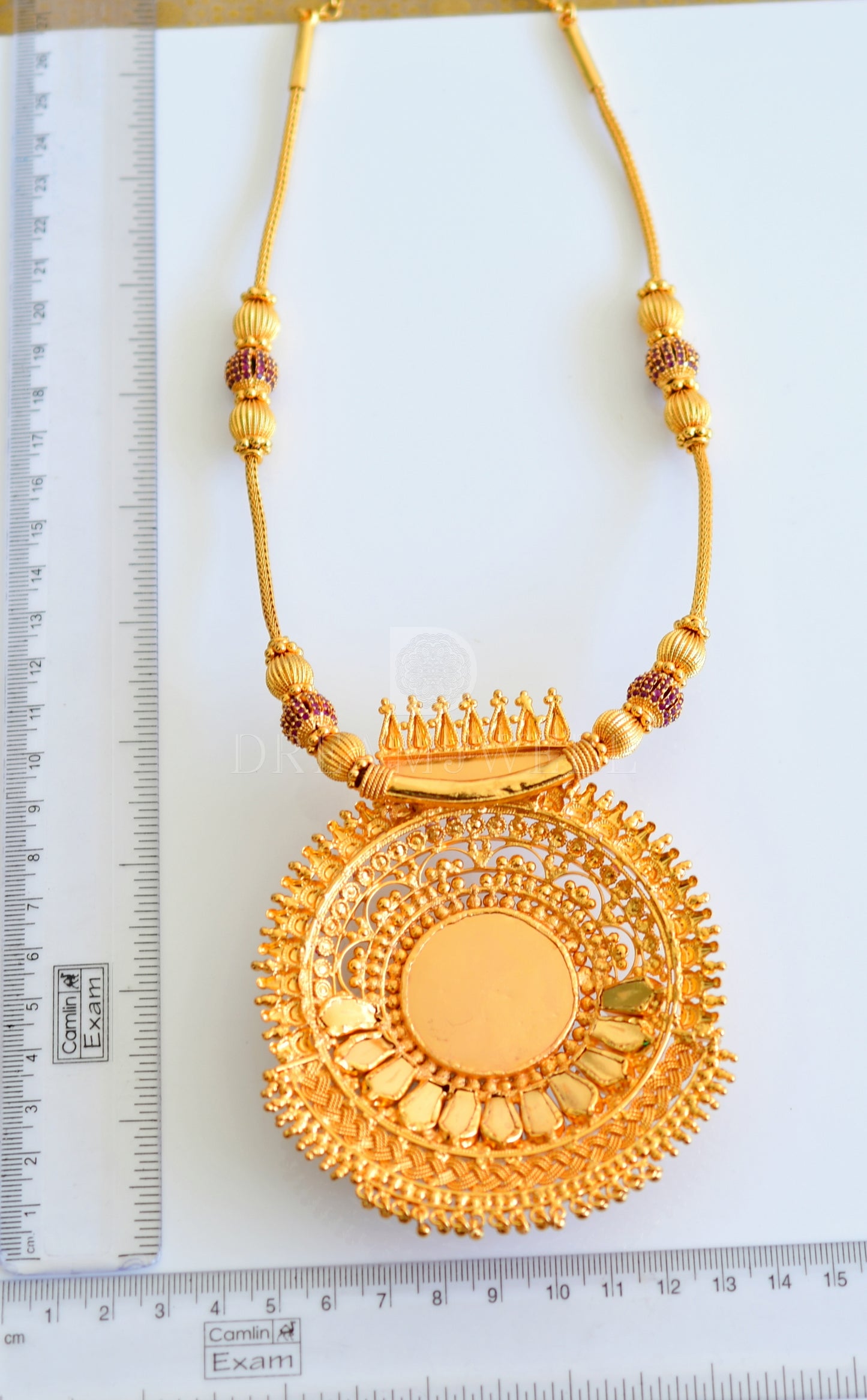 Gold tone green-pink big Lakshmi nagapadam long necklace dj-35490