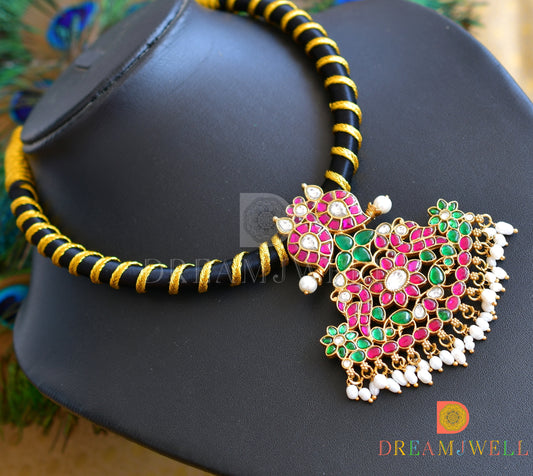 Gold tone Kundan jadau peacock-mango black silk thread necklace dj-36314