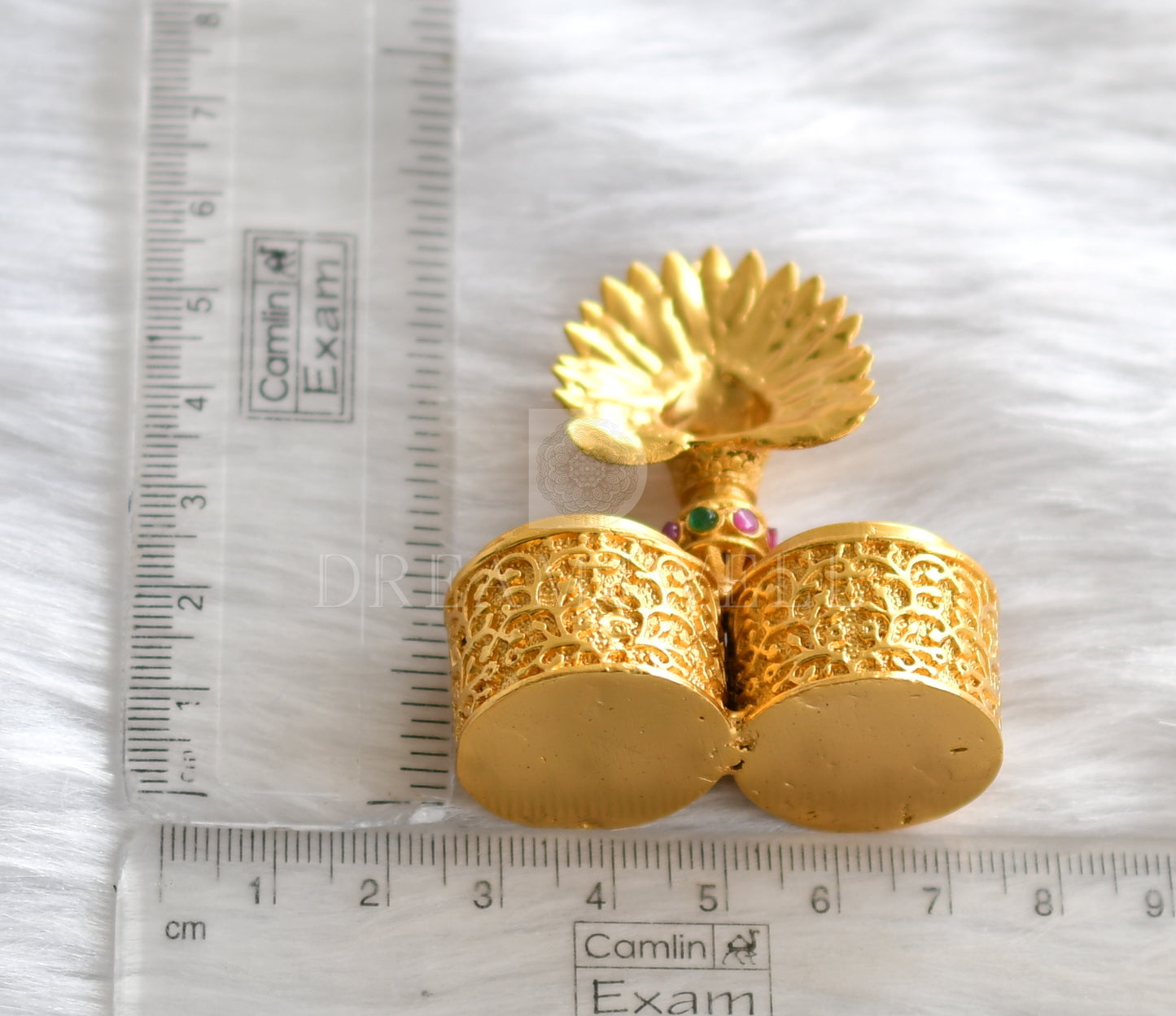 Gold tone ruby-emerald peacock kumkum box dj-11919