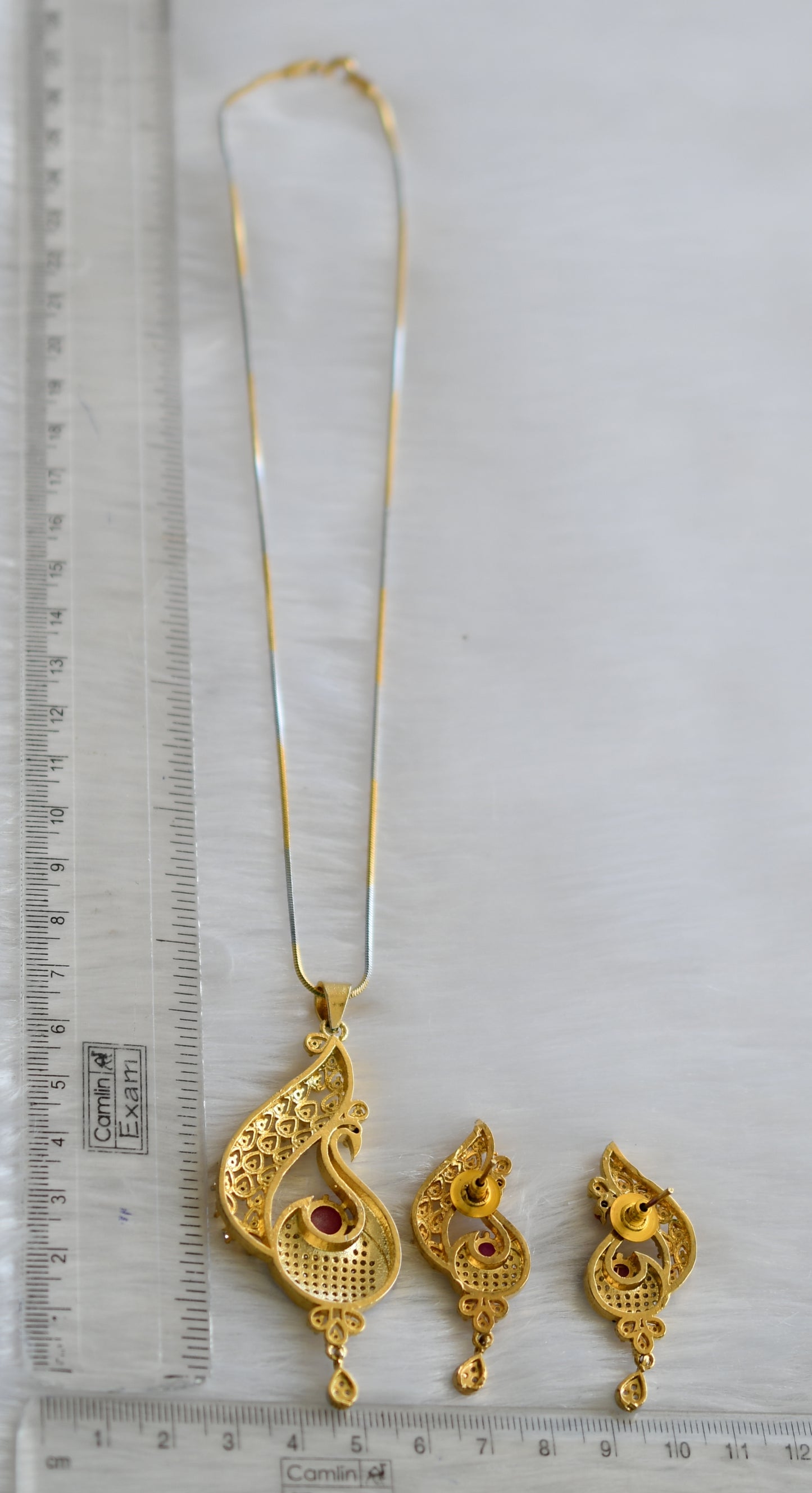 Dual tone cz-ruby meenakari peacock pendant necklace set dj-07212