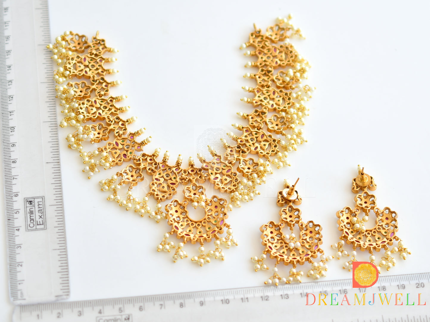 Matte Finish Cz Ruby-green Gutta Pusalu Necklace Set dj-33189