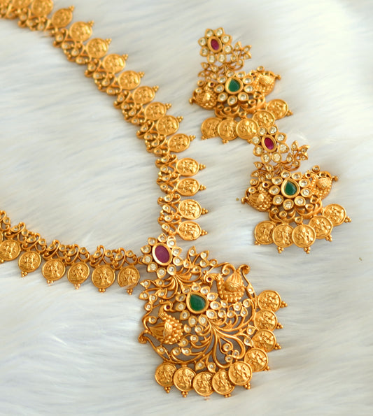 Matte finish ruby-green lakshmi coin haar set dj-31152
